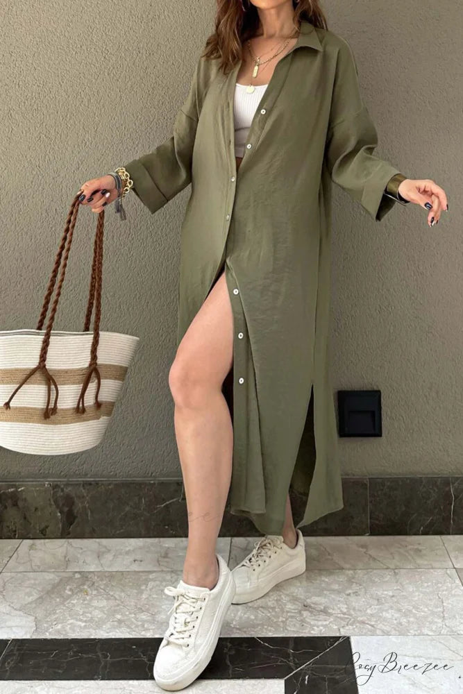 Single-breasted Slit Shirt Dress in Solid Color Khaki / L