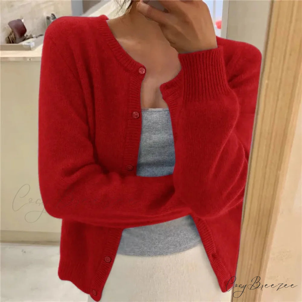 Single Breasted Solid Round Neck Knitted Cardigan cardiagn-250126
