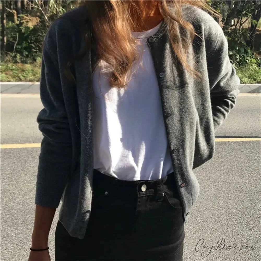 Single Breasted Solid Round Neck Knitted Cardigan cardiagn-250126