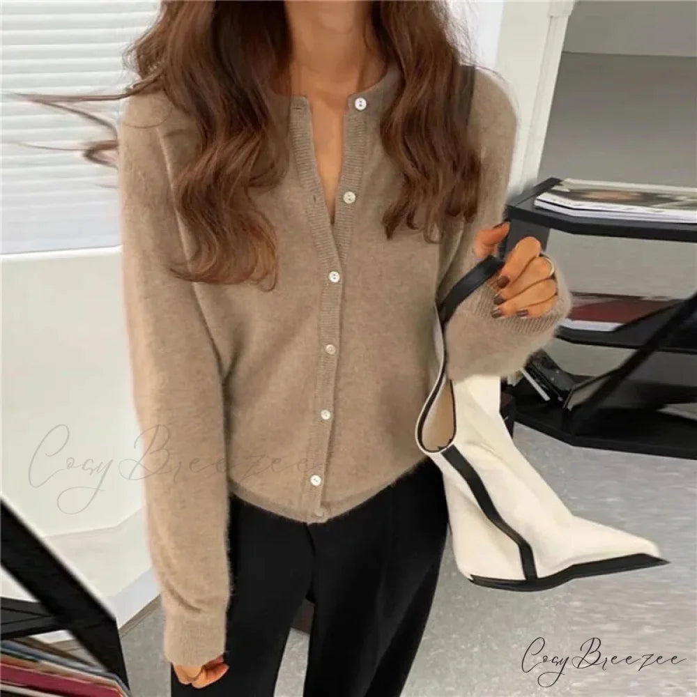 Single Breasted Solid Round Neck Knitted Cardigan Khaki / One Size cardiagn-250126