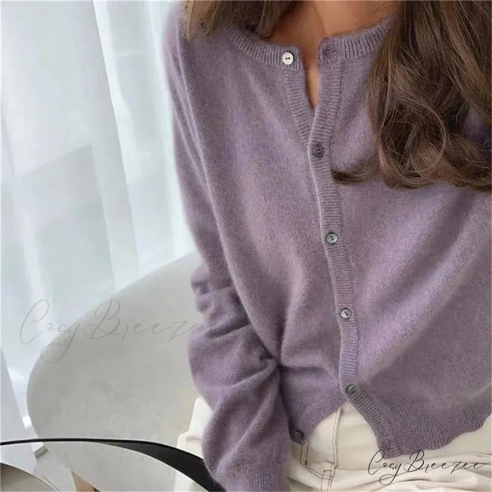 Single Breasted Solid Round Neck Knitted Cardigan Purple / One Size cardiagn-250126