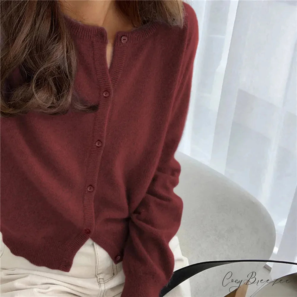 Single Breasted Solid Round Neck Knitted Cardigan Wine Red / One Size cardiagn-250126