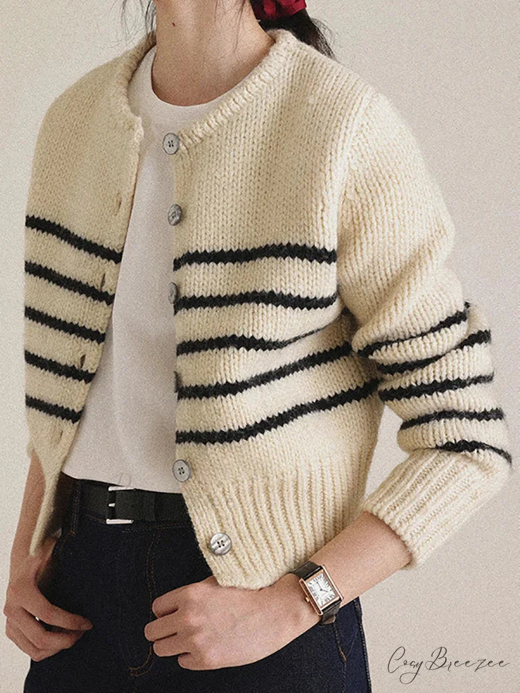 Single-breasted Striped Knit Cardigan cardigans-241228