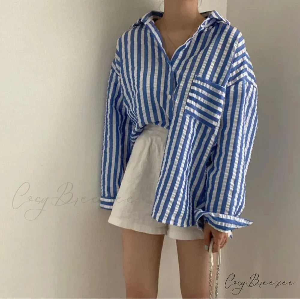 Single-Breasted Striped Lapel Collar Blouse blouse-250223
