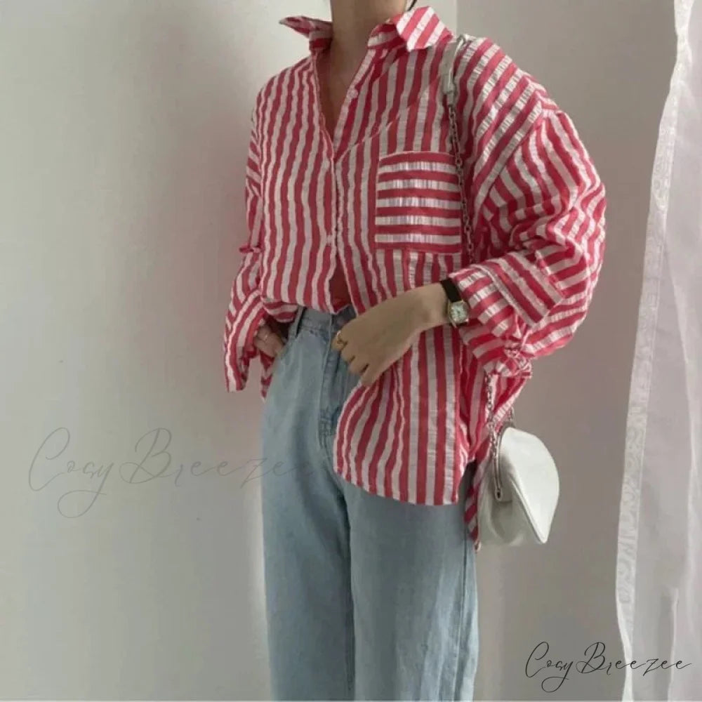 Single-Breasted Striped Lapel Collar Blouse blouse-250223