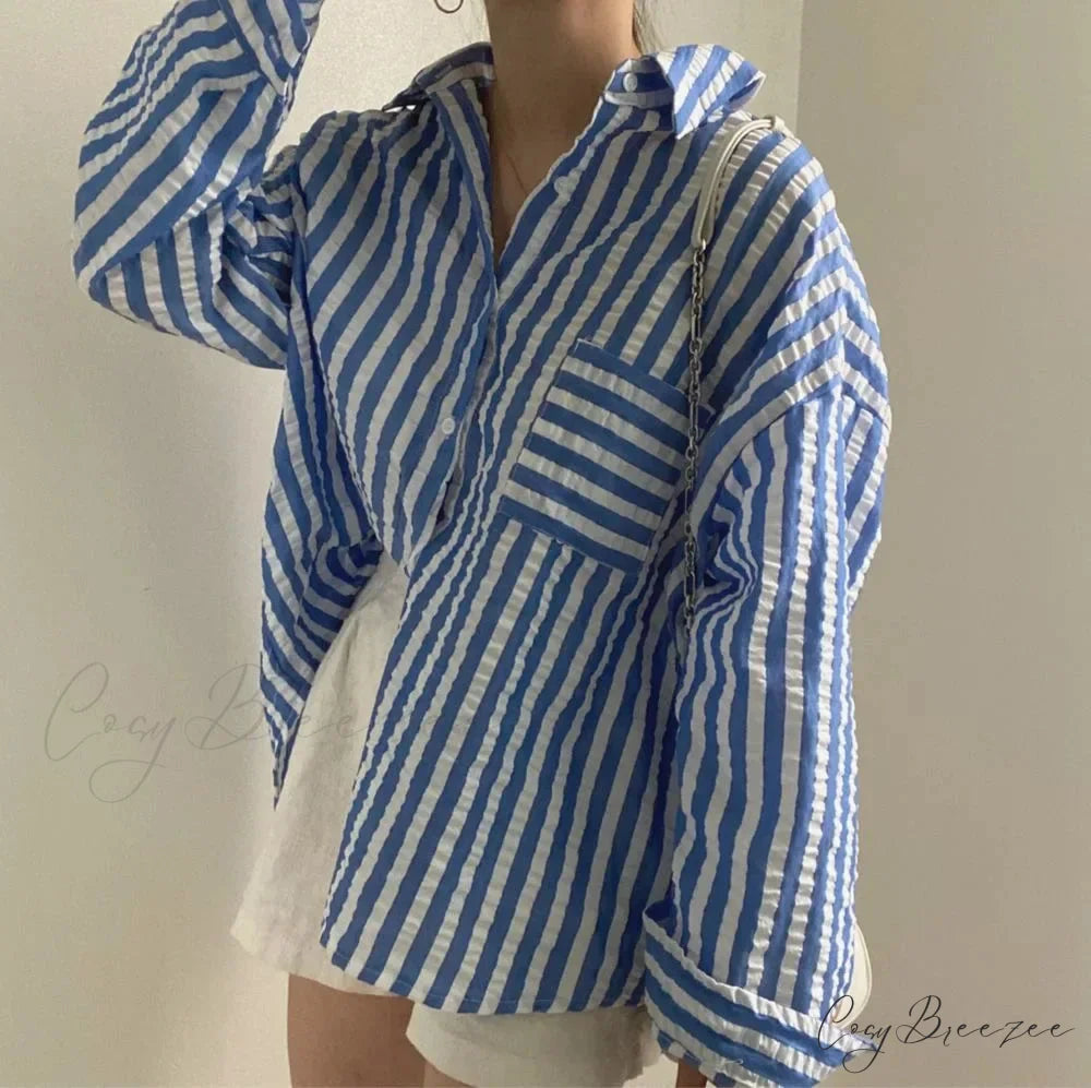 Single-Breasted Striped Lapel Collar Blouse Dark Blue / One Size blouse-250223