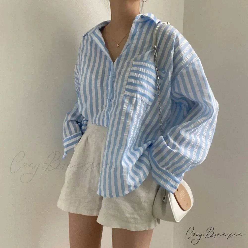 Single-Breasted Striped Lapel Collar Blouse Light-blue / One Size blouse-250223
