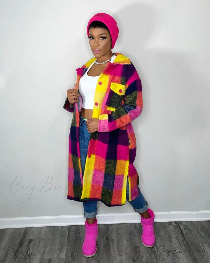 Single for Turn-down Breasted Outcoat Neck Long Arm Wool Blend Plaid Women