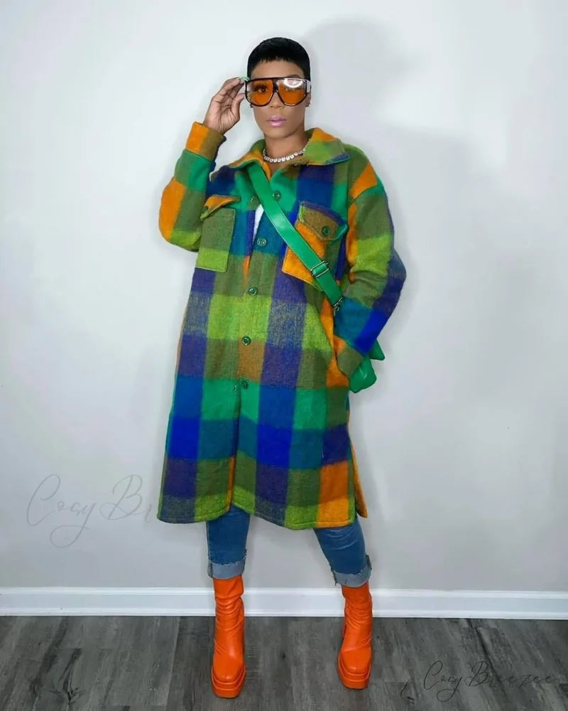 Single for Turn-down Breasted Outcoat Neck Long Arm Wool Blend Plaid Women green / S