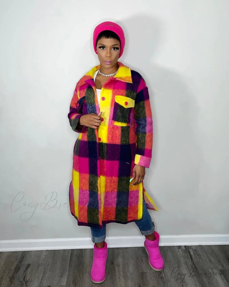Single for Turn-down Breasted Outcoat Neck Long Arm Wool Blend Plaid Women rose / S