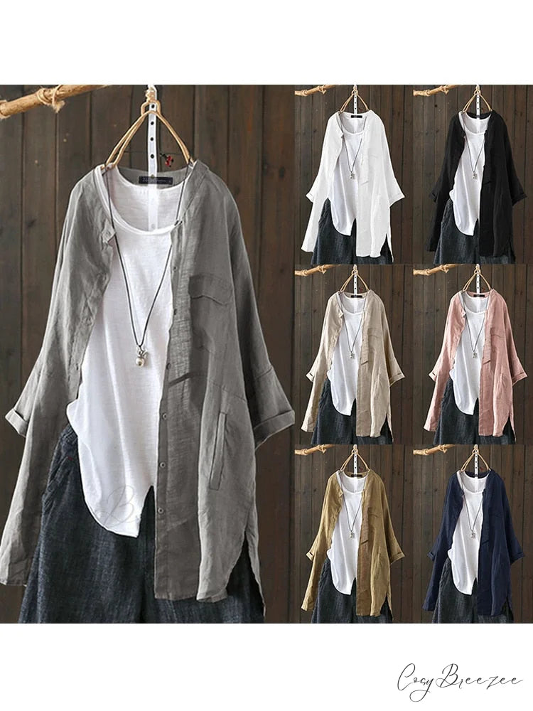 Size Long Arm Vintage Casual Cardigans Women’s Tunic Plus Cotton Button Blouse Tops