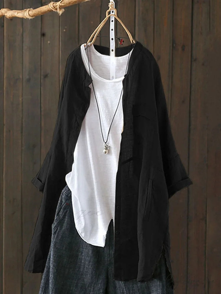 Size Long Arm Vintage Casual Cardigans Women’s Tunic Plus Cotton Button Blouse Tops