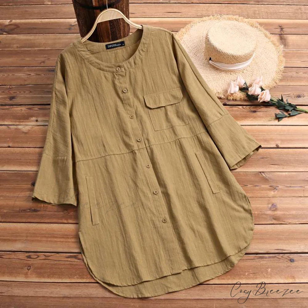 Size Long Arm Vintage Casual Cardigans Women’s Tunic Plus Cotton Button Blouse Tops