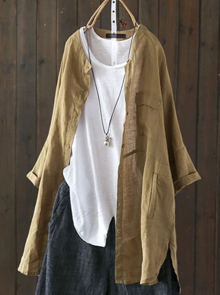 Size Long Arm Vintage Casual Cardigans Women’s Tunic Plus Cotton Button Blouse Tops