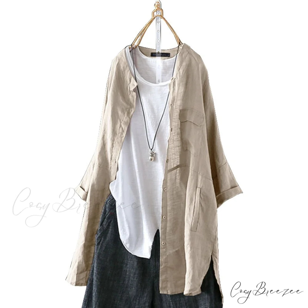 Size Long Arm Vintage Casual Cardigans Women’s Tunic Plus Cotton Button Blouse Tops Beige / L