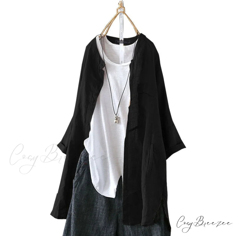 Size Long Arm Vintage Casual Cardigans Women’s Tunic Plus Cotton Button Blouse Tops black / L
