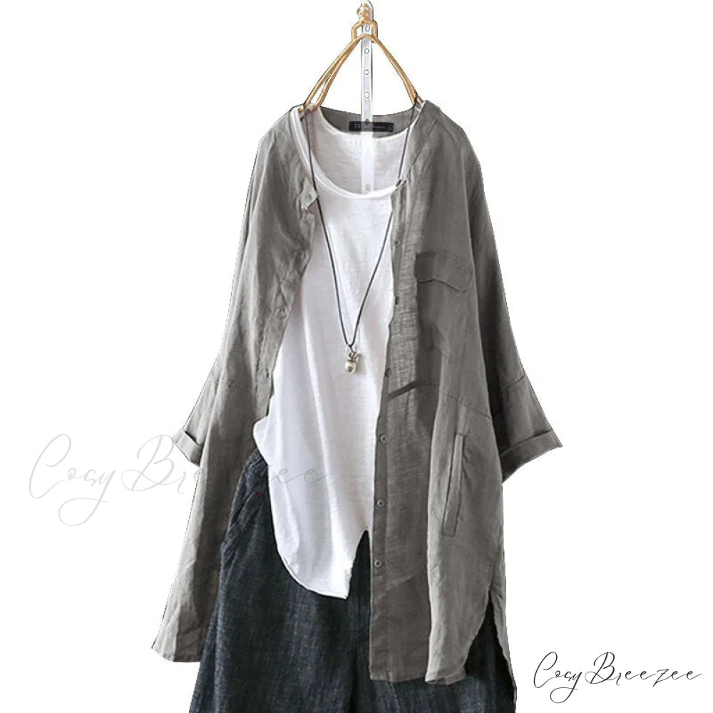 Size Long Arm Vintage Casual Cardigans Women’s Tunic Plus Cotton Button Blouse Tops gray / L