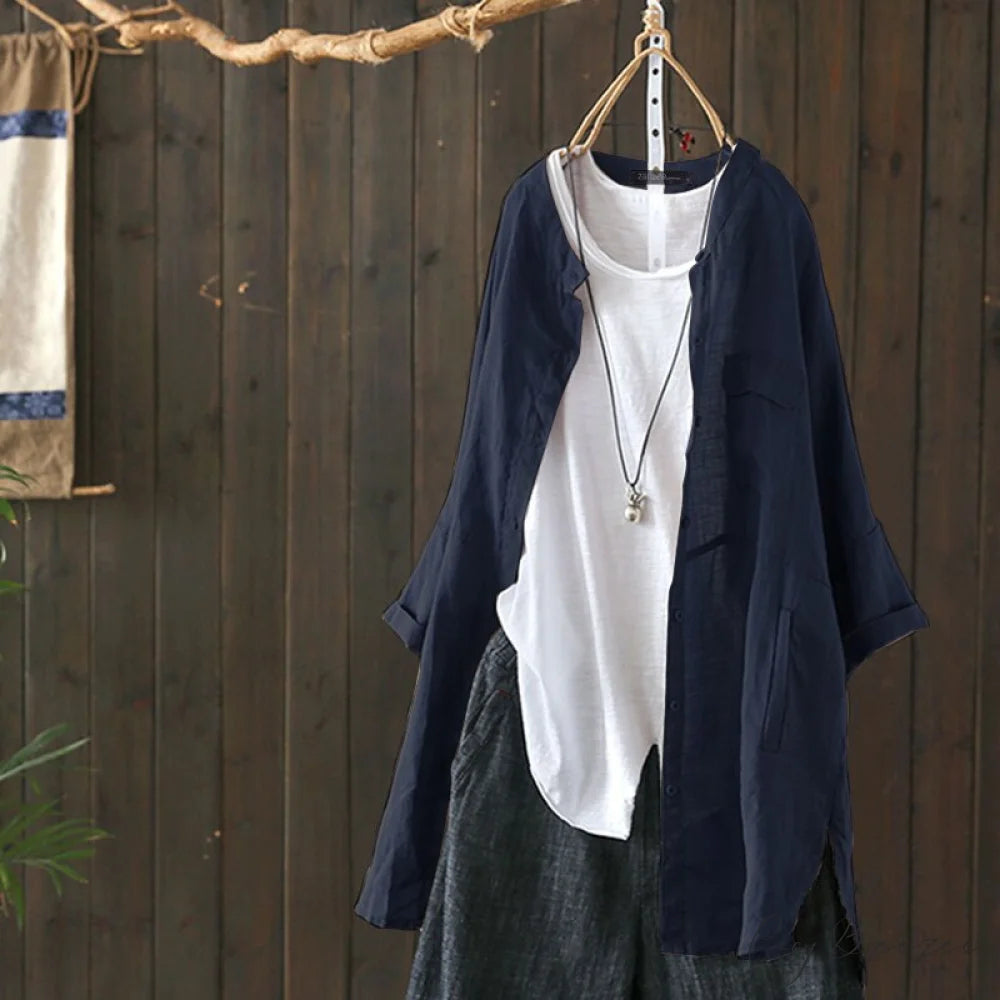 Size Long Arm Vintage Casual Cardigans Women’s Tunic Plus Cotton Button Blouse Tops Navy / L