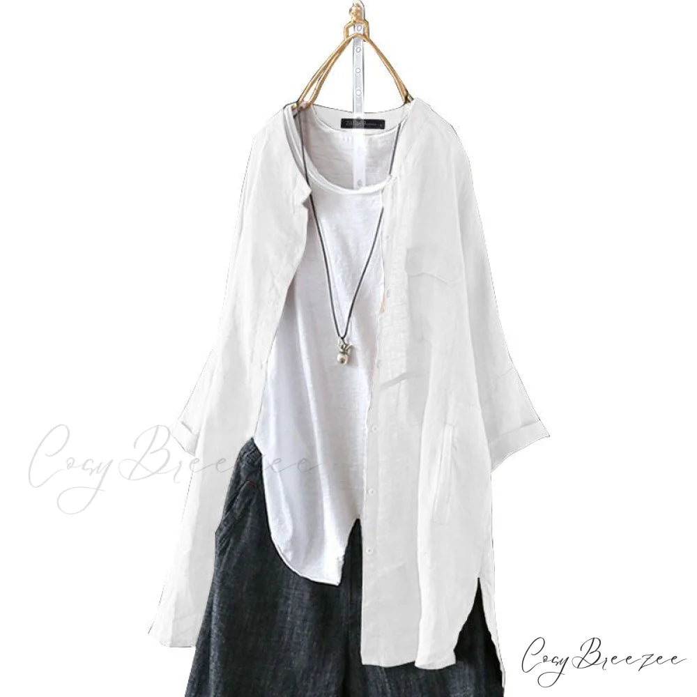Size Long Arm Vintage Casual Cardigans Women’s Tunic Plus Cotton Button Blouse Tops Off White / L