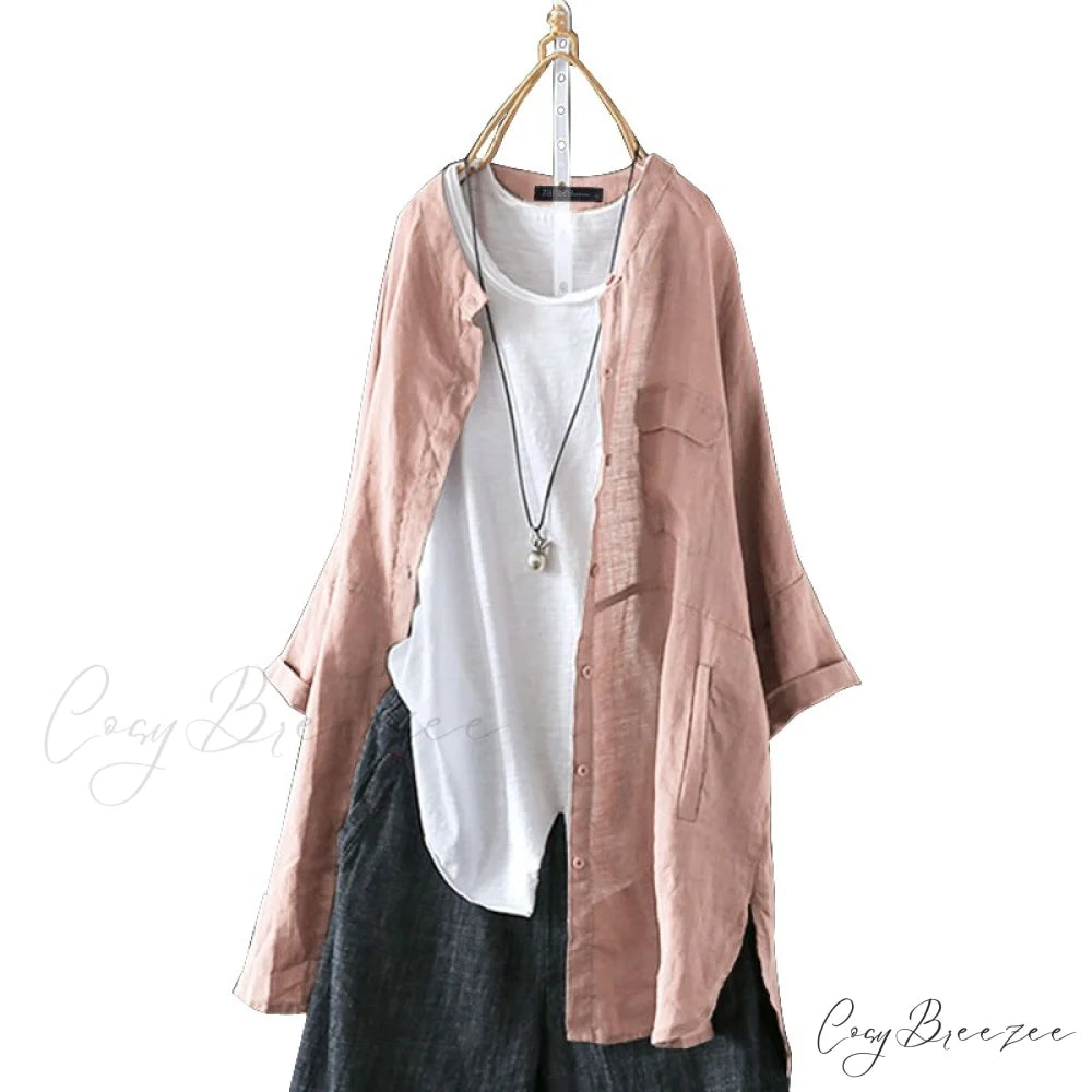 Size Long Arm Vintage Casual Cardigans Women’s Tunic Plus Cotton Button Blouse Tops Pink / L