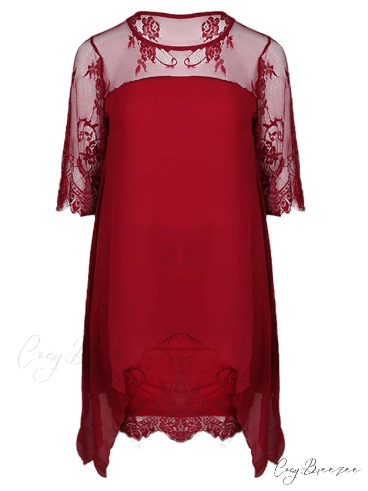 Size Plus 3/4 Neck Length with and Gown Women’s Lace Crew Party Sleeves