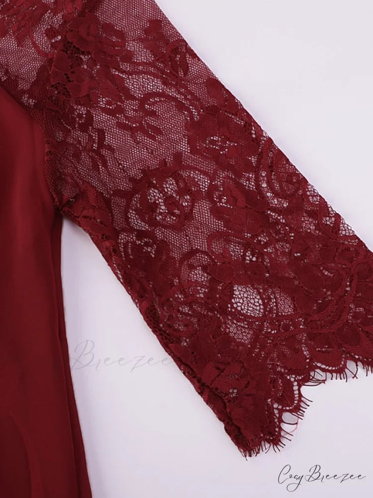 Size Plus 3/4 Neck Length with and Gown Women’s Lace Crew Party Sleeves