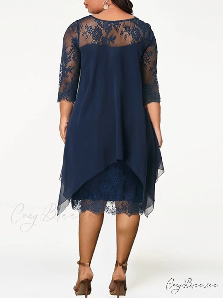 Size Plus 3/4 Neck Length with and Gown Women’s Lace Crew Party Sleeves