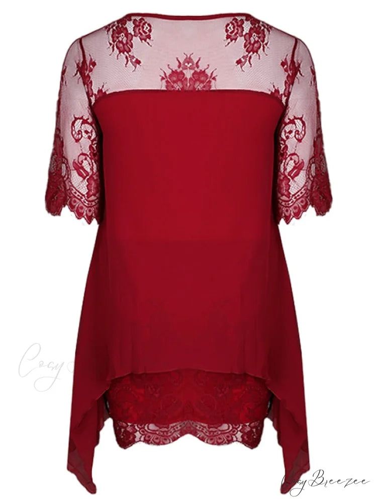 Size Plus 3/4 Neck Length with and Gown Women’s Lace Crew Party Sleeves