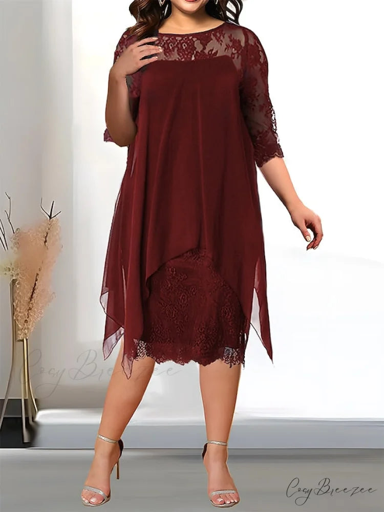 Size Plus 3/4 Neck Length with and Gown Women’s Lace Crew Party Sleeves Wine / XL