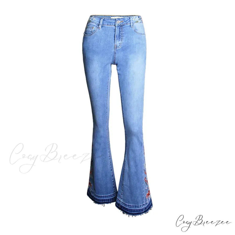 Size S-3XL Elastic Embroidery Flare Blue Vintage Bell Bottom Skinny Wide Leg Denim Jean Light blue / S