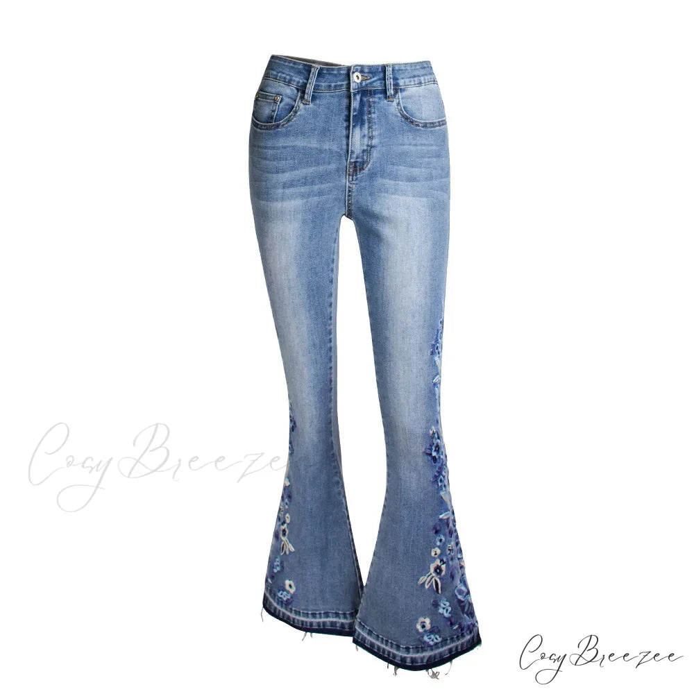 Size S-4XL Elastic Flower Embroidered Flare Denim Autumn Retro Style Bell Bottom Skinny Jean Light blue / S