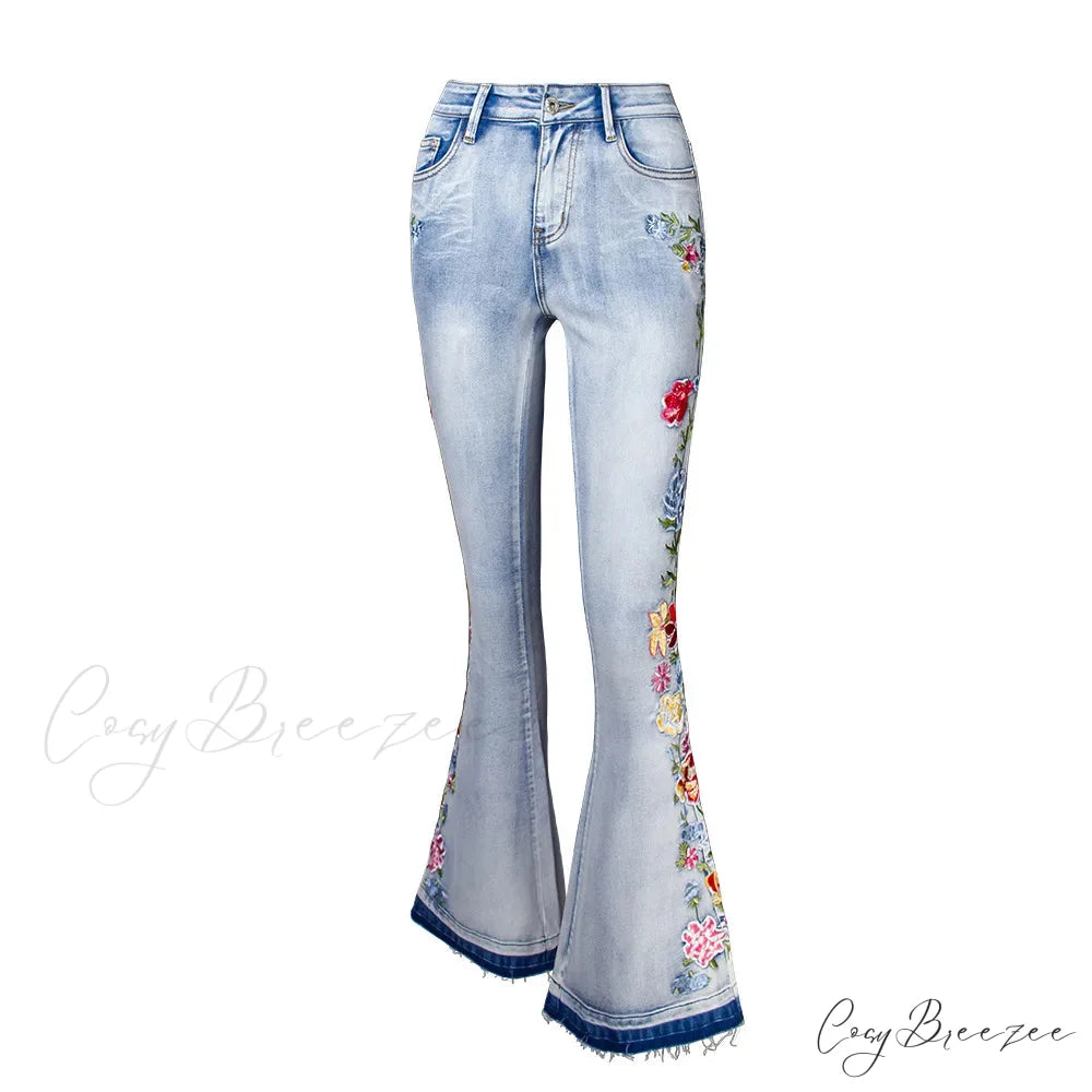 Size S-4XL Elastic Flower Embroidered Flare Womens Retro Style Bell Bottom Skinny Autumn Denim Women Jean Light blue / S