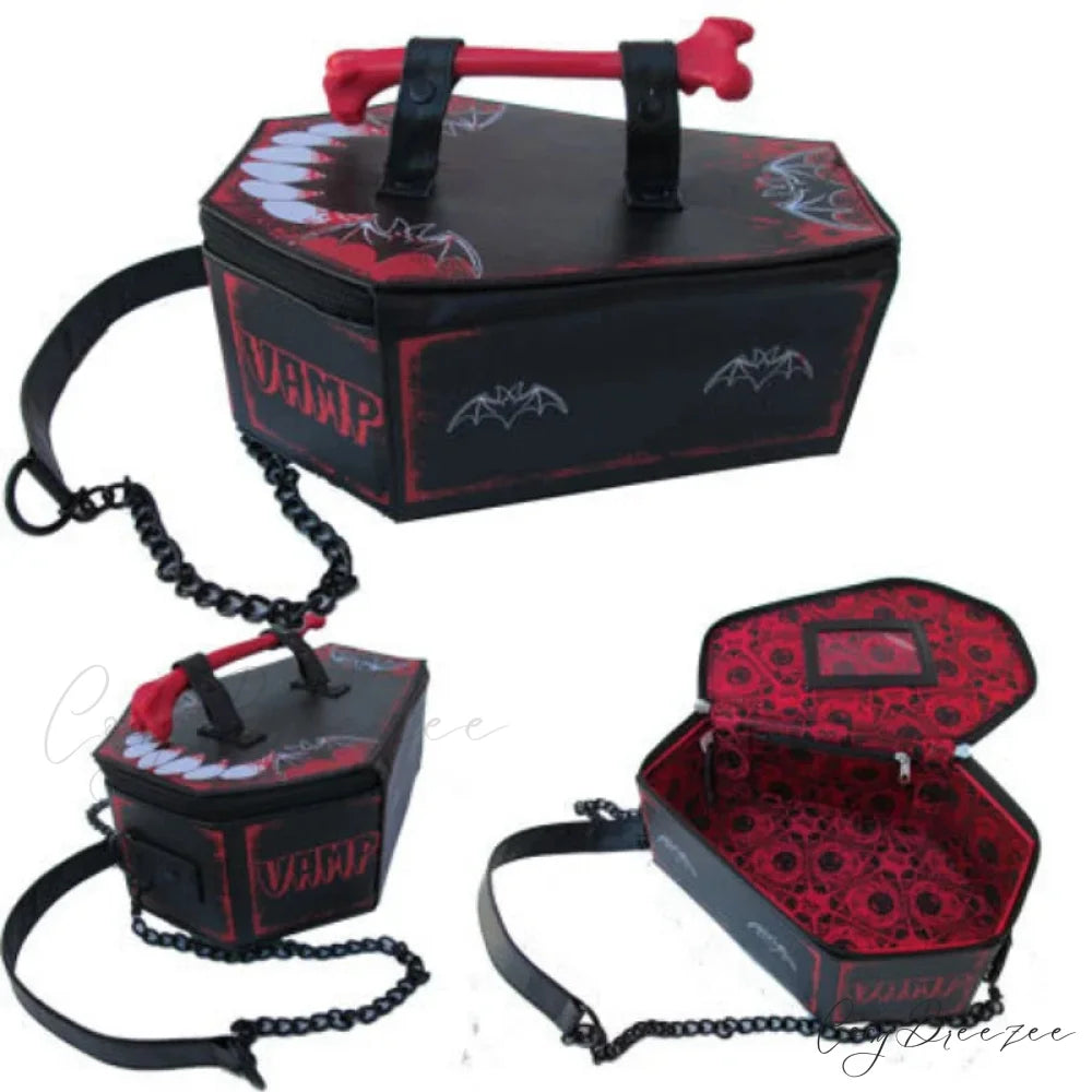 Skeleton Coffin Gothic Bat Black PU Leather Crossbody Bag WHITE