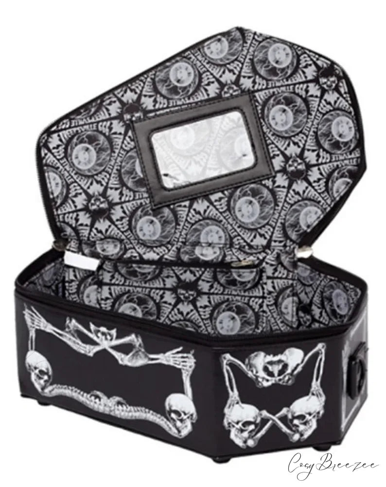 Skeleton Coffin Gothic Bat Black PU Leather Crossbody Bag WHITE