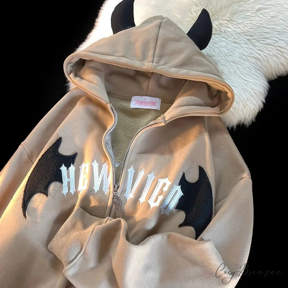 Skeleton Printed Zipper Hoodie coffee / M hoodies-241228