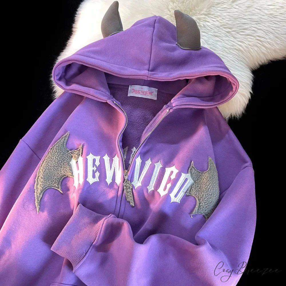 Skeleton Printed Zipper Hoodie purple / M hoodies-241228