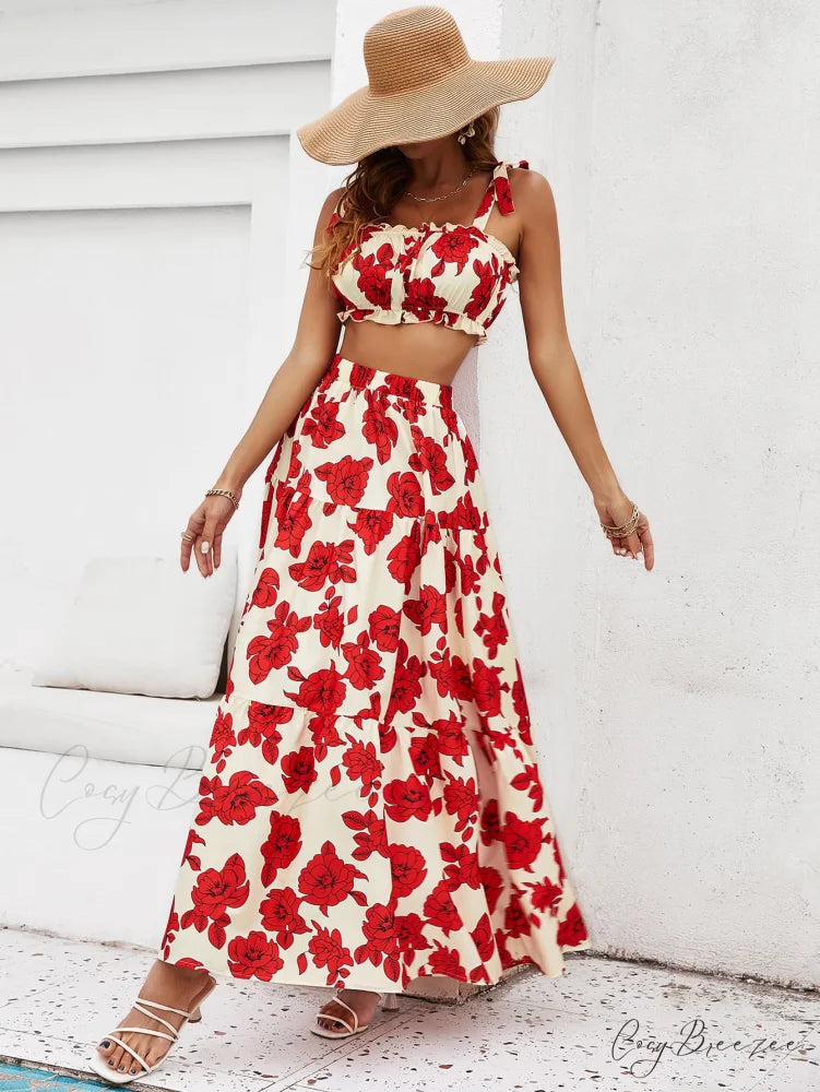 Skirt Tie Tiered Top with Full-Length Flowered Shoulder Set
