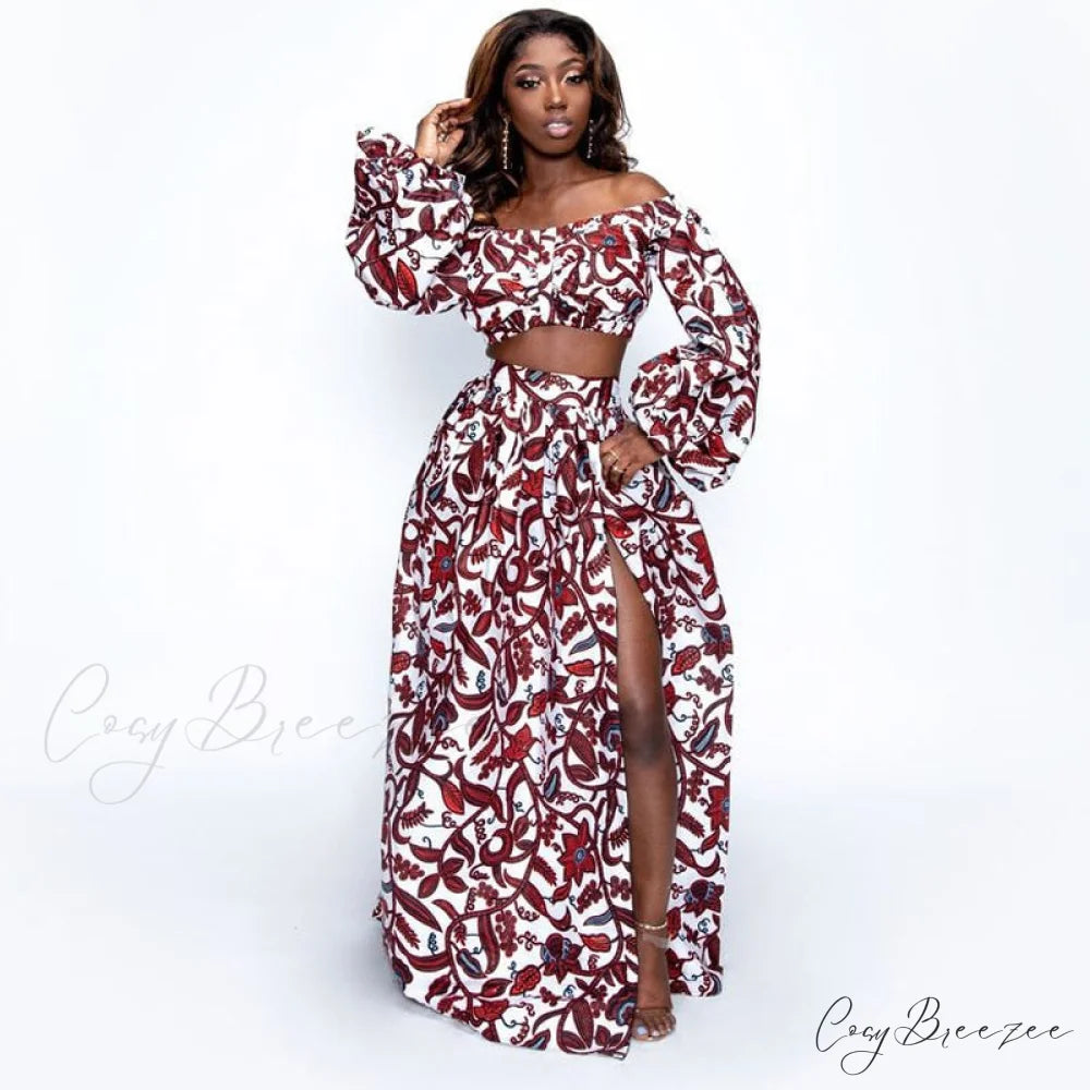 Skirt Top Vintage Africa and Elegant Women High Slit Piece Slash-neck with featuring Blouse Gown Sleeveless National