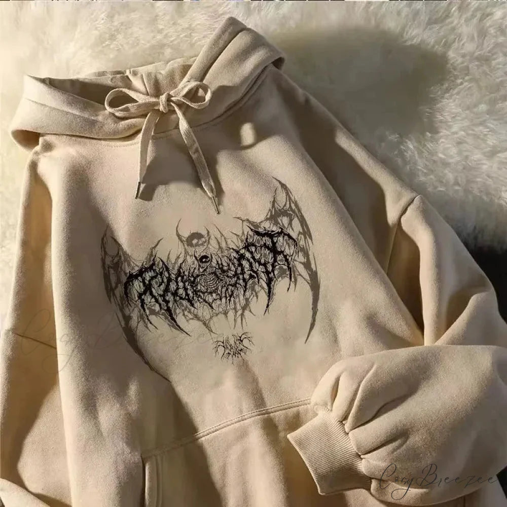 Skull Graphic Long Sleeve Hoodie khaki / S hoodies-241228