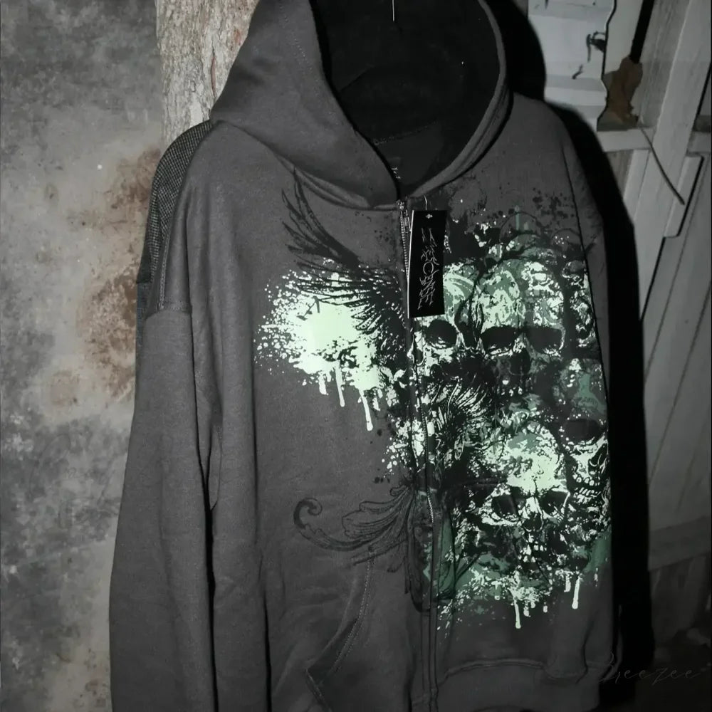 Skull Print Zipper Relaxed Hoodie black 2 / S hoodies-241228