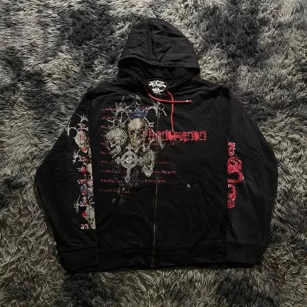 Skull Print Zipper Relaxed Hoodie black 3 / S hoodies-241228