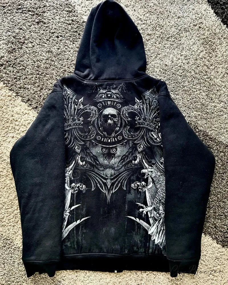 Skull Print Zipper Relaxed Hoodie black 4 / S hoodies-241228
