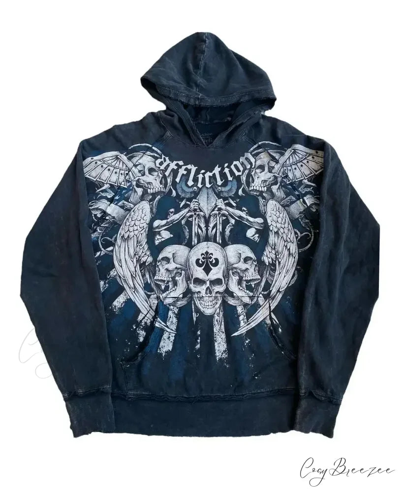 Skull Print Zipper Relaxed Hoodie black 5 / S hoodies-241228