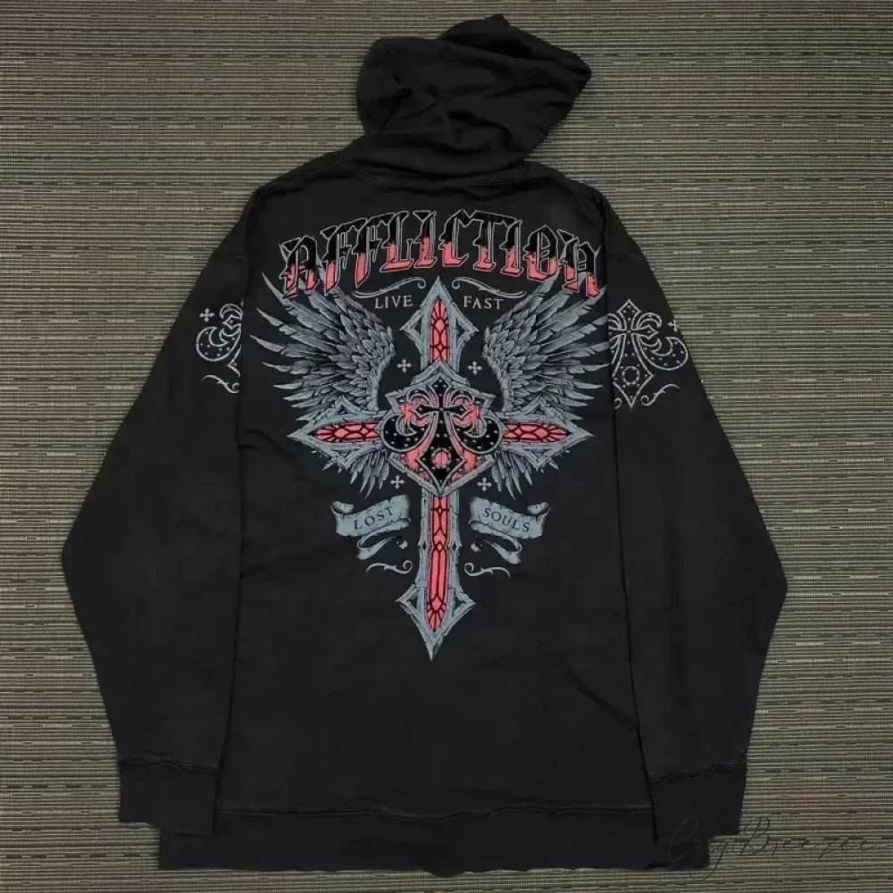 Skull Print Zipper Relaxed Hoodie black 6 / S hoodies-241228