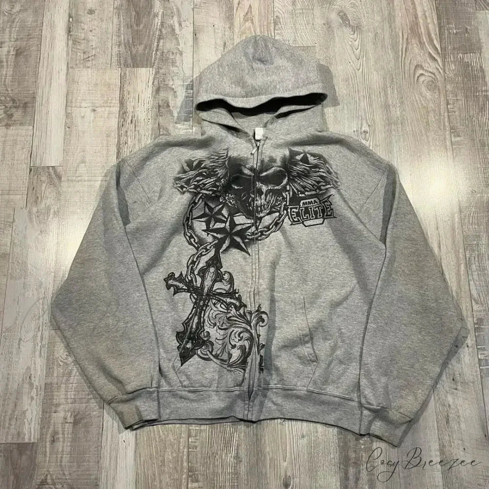Skull Print Zipper Relaxed Hoodie grey / S hoodies-241228