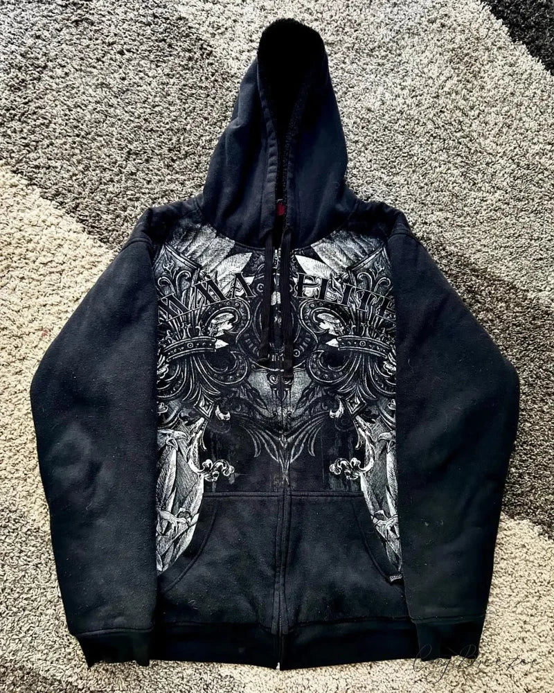 Skull Print Zipper Relaxed Hoodie hoodies-241228