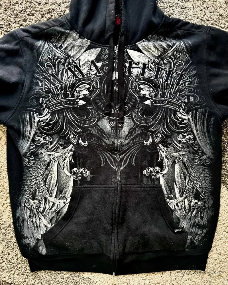 Skull Print Zipper Relaxed Hoodie hoodies-241228