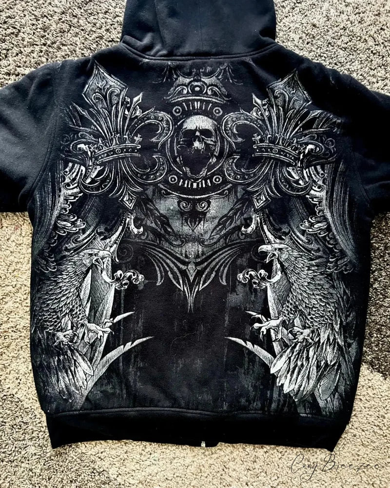 Skull Print Zipper Relaxed Hoodie hoodies-241228
