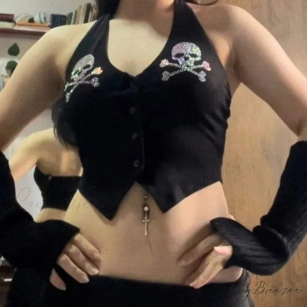 Skull Printed Gothic Hanging Neck Crop Top Black / S
