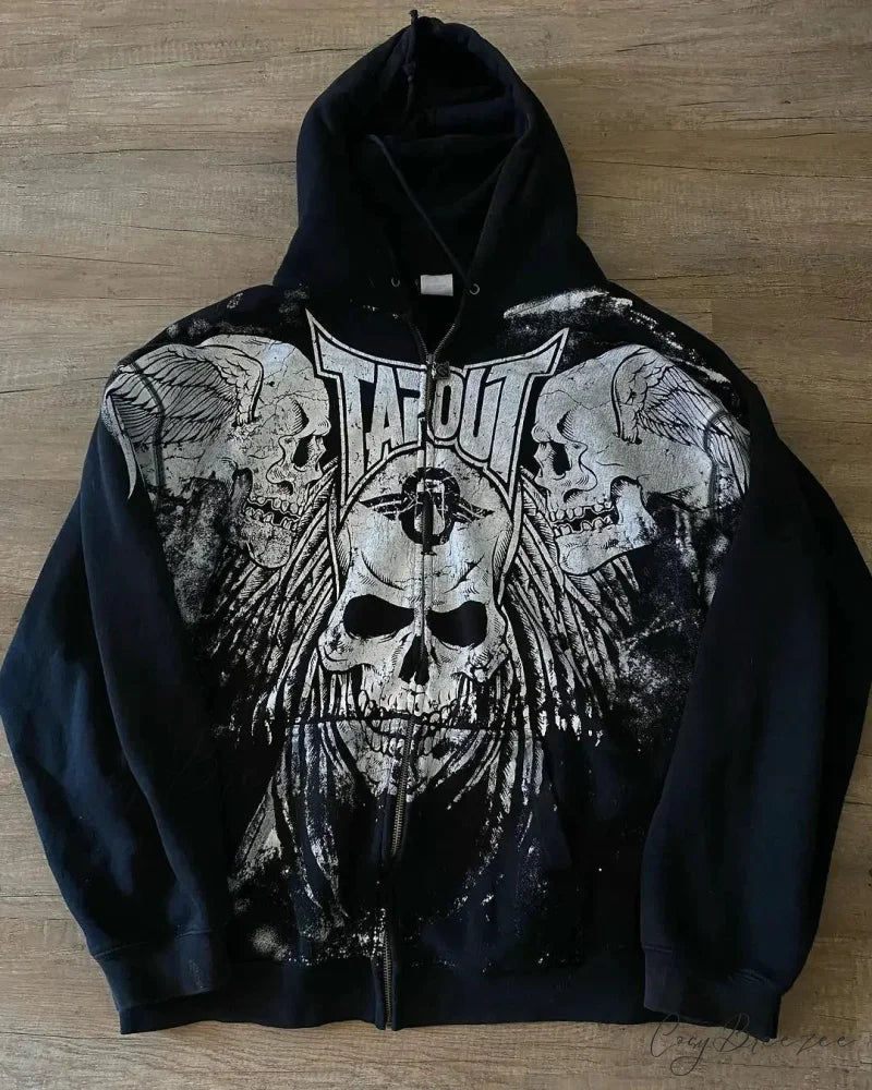 Skull Retro Zipper Hoodie black 1 / S hoodies-241228